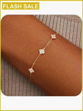 14K Gold Plated Birthstone Clover Bracelet Stackable Dainty Charm
